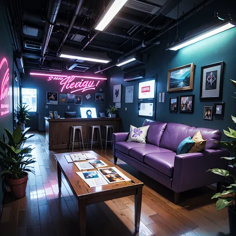 reception desk of piercing studio, tattoos and paintings on the wall, graphiti on the wall, tattoo studio, many pictures, furnishings, plants, reception desk, many pictures, pictures of tattooing, neon lights, sofas for visitors, jurnal table with magazine...