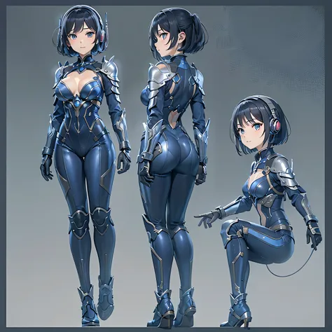 (masterpiece、highest quality、Highest Resolution、Clear_image、Detailed details、Angle from above): (Whole body、One 20 year old girl、Japanese Faces、Small Face、Slender、Navy blue super short bob cut hair、(Hidden small breasts:1.3)、Sparkling blue eyes、Shiny pilot...