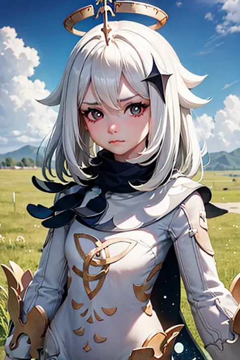 paimon, genshin impact, white hair, pale skin, perfect face, teenager, baby face, cloudy, grasslands, sunny, pouting