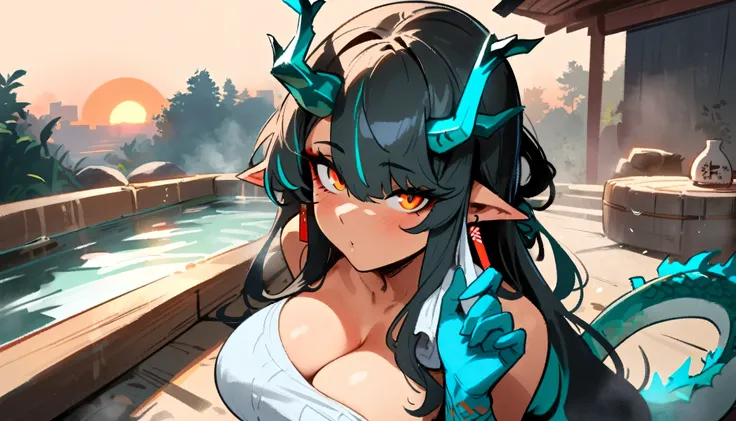 1girl, dusk (arknights), arknights  masterpiece, best quality, newest, orange eyes, black hair, horns, ///// by nyantcha, , by khyle, cutesexyrobutts   rating:nsfw, nude,naked,,,,,,,,solo,,standing, , povpov, onsen,(body wrap towel:1.2), towel wrapped arou...