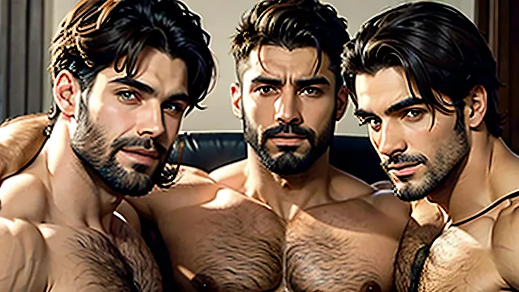 3 BEAUTIFUL MEN AROUND 35 YEARS OLD SHIRTLESS with very short cut hair WITH FACIAL HAIR AND HAIRY CHEST
