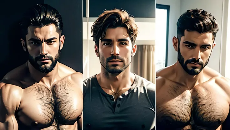 3 BEAUTIFUL MEN AROUND 35 YEARS OLD SHIRTLESS with very short cut hair WITH FACIAL HAIR AND HAIRY CHEST FULL BODY IN PICTURE
