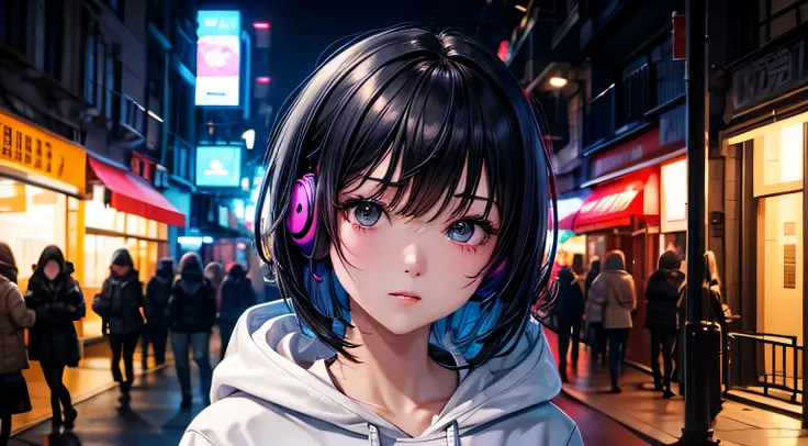 8k resolution、((highest quality))、((masterpiece))、((Ultra-detailed))、1 female、solo、Oversized hoodie、Headphones、street、Outdoor、Neon lightidnight、Late Night、Short Hair、Detailed facial expression depiction、Detailed eye depiction