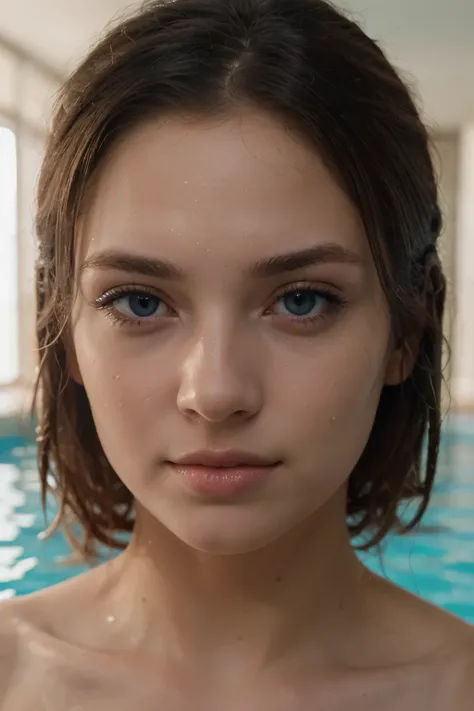 ((best quality)), ((masterpiece)), (detailed), perfect face, Ultra high resolution, Photorealistic:1.4, UHD, Very realistic, very beautiful, girl, swimming in the pool, blue eyes, black hair, realistic skin, full growth,