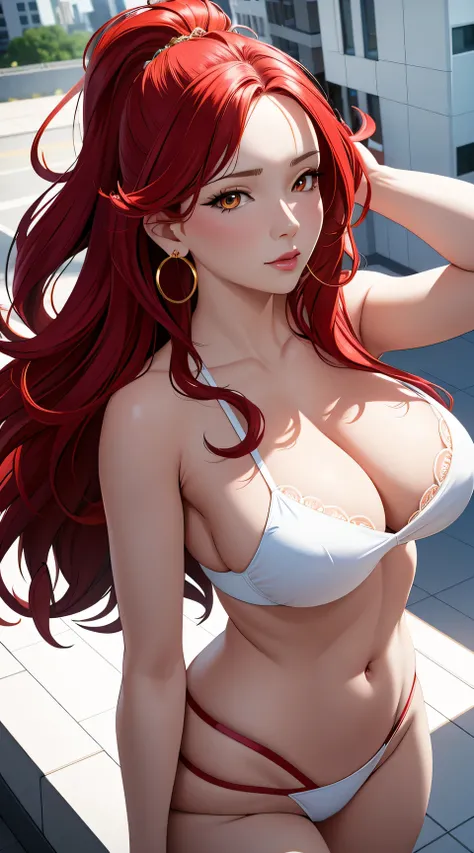 (best quality:1.5, highres, UHD, 4K, detailed lighting, shaders), red wavy hair, gradient hair, large breasts, suit, red bra, red string, mature woman , (pov), white background, colorful eyeshadow, dramatic lighting, sparkling eyes, sensual expression, gol...