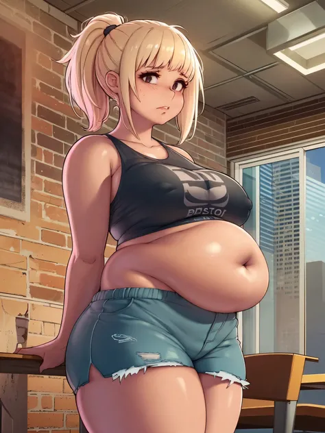 ((highres)), Masterpiece, high quality, best quality, beautiful, perfect lighting, detailed face, ultra cute face, looking at viewer, embarrassed, blushing, 1girl, big belly, belly grab, thick thighs, wide hips, art by kipteitei, blonde hair, short hair, p...