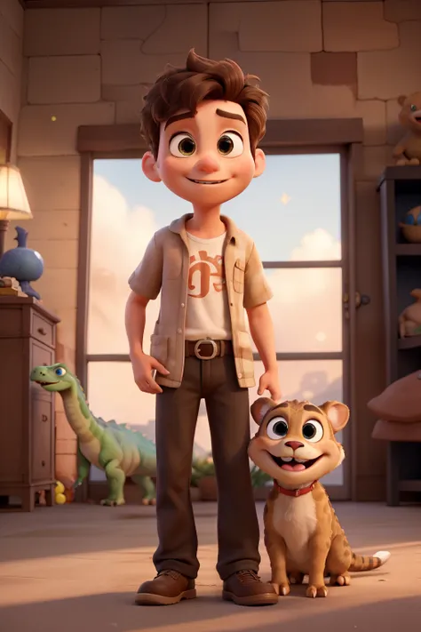 3d photo disney pixar style there is a boy with light skin, light brown eyes, short dark blond hair, playing with his pet, dinosaur

