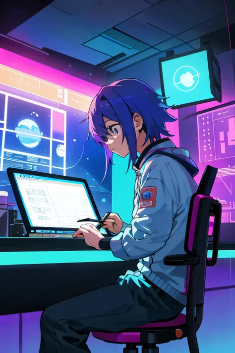 Isometric anime cartoon space station interior: A captivating scene of an astronaut diligently working at a control panel, immersed in a vibrant, colorful environment. Surrounded by a purple-blue gradient backdrop, cyberpunk neon lights illuminate the isom...