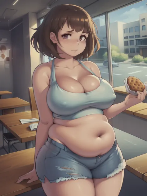 ((highres)), Masterpiece, high quality, best quality, beautiful, perfect lighting, detailed face, ultra cute face, looking at viewer, blushing, 1girl, cleavage, large breasts, (thick thighs), (wide hips), chubby, art by kipteitei, brown hair, short hair, m...