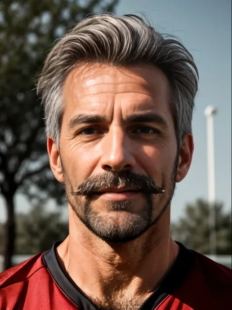 masterpiece, best quality, high resolution, closeup portrait, male focus, solo focus, A man, 60 years old, grey hair, soccer player, football player, grey silver hair, messy hairstyle, cute and seductive face, bare chest, body hair, scruffy look, facial ha...