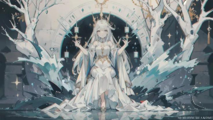 A vertical aspect, full-body image of a standing anime girl about 20-22 years old, designed to embody the style of a dark, magical city. Her attire is elegant, in white and gold, adorned with intricate glowing runes and patterns reminiscent of the citys ar...