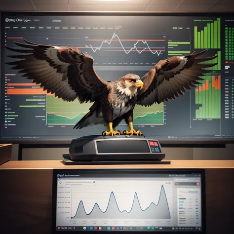 realistic brown eagle on top of screen with graphs on it, eagle center, spread wings