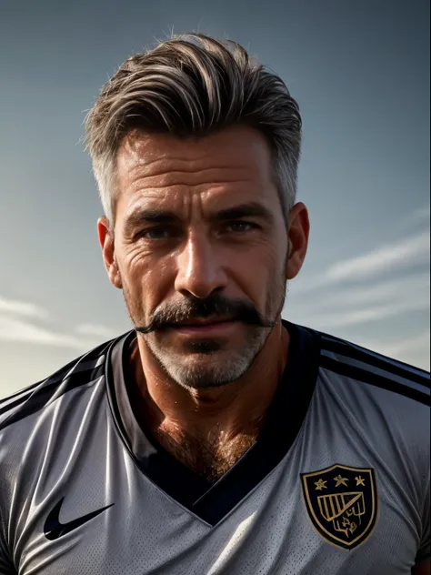 masterpiece, best quality, high resolution, closeup portrait, male focus, solo focus, A man, 60 years old, grey hair, soccer player, football player, grey silver hair, messy hairstyle, cute and seductive face, bare chest, body hair, scruffy look, facial ha...