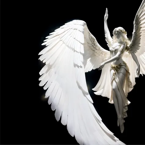 white bright glowing angel on black background, flying pose, right hand above head, right hand toward sky, right hand up, beauti...