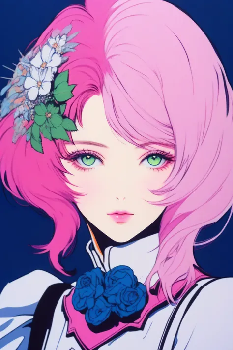 Alisa bosconovitch, melhor qualidade, contemporary, estilo plano, minimalismo, Ilustra??o plana de olhos verdes, cabelo rosa, cabelo curto, cabelos multicoloridos, Camisa Preta, mechanical wings, Close-U head portrait, peito pontudo, decote, super decote, ...