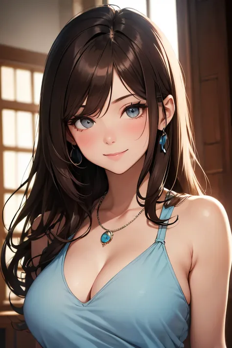 Best Quality, masterpiece, beautiful mature woman, upper body Beautiful face, Faint-hearted woman、long brown hair, parted bangs, grey eyes, blush, smile, ((light blue top)), large breasts, (cleavage:0.8), bare shoulders, necklace, window, natural light