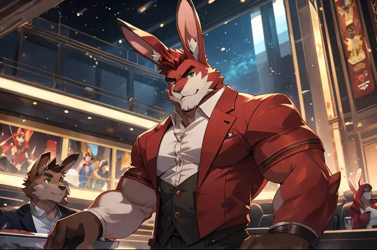 perfect face, bara furry, rabbit man, big body, cardinal skin, short quiff red hair, green eyes, perfect eyes, big rabbit ears, handsome, in the cinema