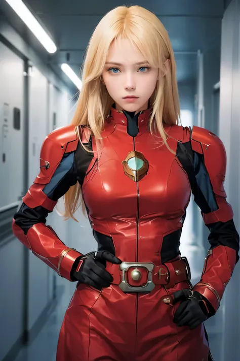 A beautiful woman. 18 years old. Blonde hair and blue eyes. She wears a red battle uniform that fits tightly around her metallic body. Around his waist he wears a belt with a large blue jewel embedded in it. She stands in the hallway of a giant space battl...