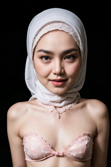 ((FLAT CHEST:1.8)), ((Lace)), (Happy smile), (((HIJAB MALAY GIRL))), masutepiece, High quality, UHD 32K, Realistic face, Realistic skin feeling , A Japanese Lady, 58 years old matured lady, , Very cute and baby-like face, (((FLAT CHEST))), (Night time at f...