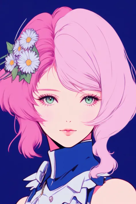 Alisa bosconovitch, melhor qualidade, contemporary, estilo plano, minimalismo, Ilustra??o plana de olhos verdes, cabelo rosa, cabelo curto, cabelos multicoloridos, Camisa Preta, mechanical wings, Close-U head portrait, peito pontudo, decote, super decote, ...