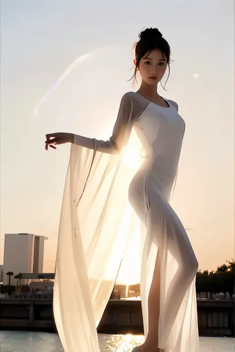 (masterpiece, best quality:1.2), 1girl, solo, delicate face, white-skinned female, see-through silhouette, white dress, full bod...