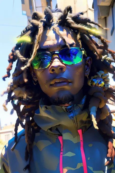 super high resolution, melhor qualidade, foto, 16K, (fotorealistic: 1.2), cinematic lighting, 23-year-old African-American man who wears army camouflage clothing and is part of a team called Crows, Furthermore, he wears mirrored sunglasses and also has dre...