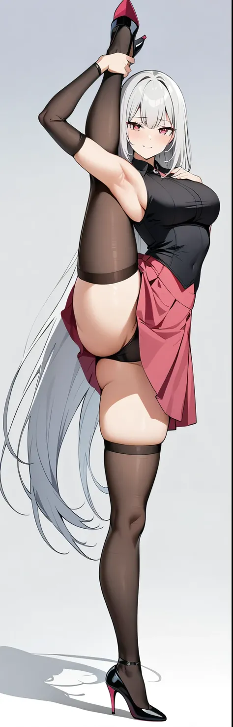 (highres,4k,8k,masterpiece:1.2), 1 girl, standing split, ((long flowing silver hair)), she is dressed in a sleek black sleeveless short vest, a vibrant pink skirt, and black thigh highs, showcasing her full body. She is wearing elegant high heels, adding a...