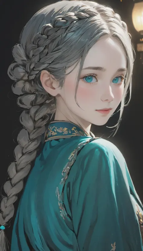 1 girl, white skin、caucasian、very cute face、small nose、fuller lips、braids tied together、french braid、malaise、night, dark, ((grey...