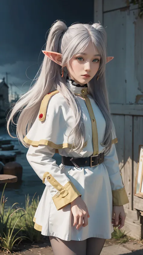 8k, high quality, High resolution, Realistic, Attention to detail, Highly detailed face, ((masterpiece)),
((Freeze Base)), Beautiful girl, (Flat body), Fairy, Pointed Ears, Gray Hair, (Long twin tails), Green Eyes, staff,
White Capelet, Striped shirt, Whit...