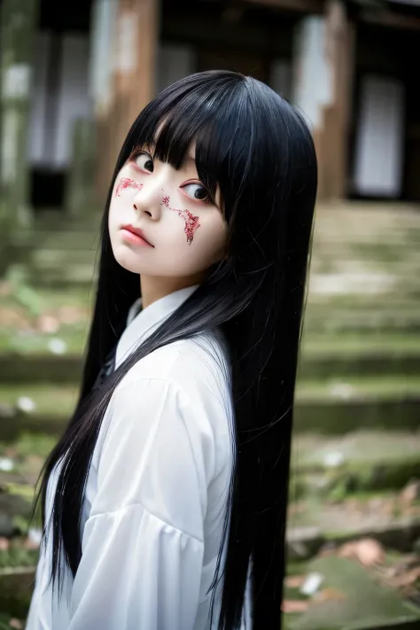 (8K), (highest quality: 1.2), (realistic), (realistic: 1.37), ultra high resolution、Dilapidated ruins of Japanese shrines、A ghost girl in funeral attire with long black hair and white contact lenses in her eyes、A pale, bloodless face、Ghost photos、scared、Cr...