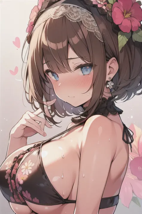 (best quality), (Super detailed), (Best Illustration), (1woman), look at viewer, from side, (flower pattern bikini), (Big Breasts:1.2), {brown hair, (bob cut:1.2), curly hair, hairs between eyes}, {(detailed eyes), heart-shaped pupils, blue eyes}, blush, s...