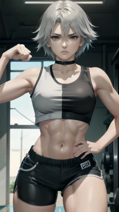 ((ultra detailed, masterpiece, absurdres)) workout gym background, ready to fight, body facing viewer, the girl is 23 years old,
SplitScreen, split screen, DOAChristie, 1girl, short hair, white hair, purple eyes, tall Woman, navel, in training wears, (chok...