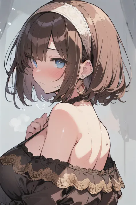 (best quality), (Super detailed), (Best Illustration), (1woman), look at viewer, from side, (off shoulder top), (Big Breasts:1.2), {brown hair, (bob cut:1.2), curly hair, hairs between eyes}, {(detailed eyes), heart-shaped pupils, blue eyes}, blush, sweat,...