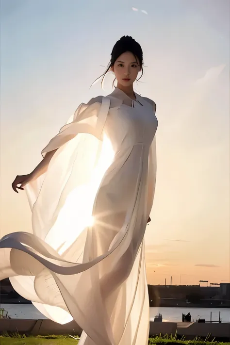 (masterpiece, best quality:1.2), 1girl, solo, delicate face, white-skinned female, see-through silhouette, white dress, full bod...