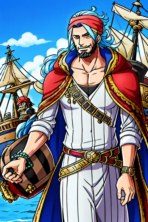 A merchant in the style of One Piece, ((Best Quality)), with a rugged and weathered appearance, ((extravagant clothing and accessories)), a fedora tilted low over his eyes, a thick beard, and a mysterious aura, ((holding a large bag full of treasure)), ((s...