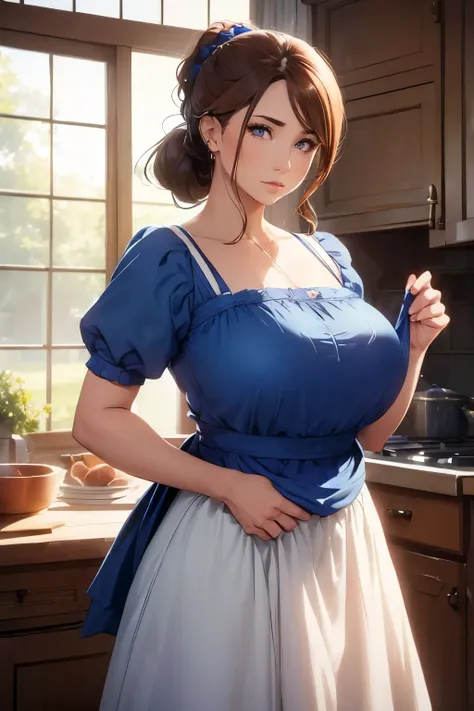 (((female peasant))), modest blue dress, white blouse, and red apron, ((best quality)), ((perfect face)), ((adult woman)), ((housewife)), ((milf)), brown hair, hair tied in a low side ponytail, 