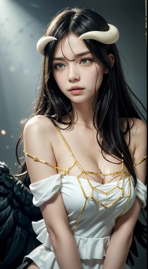 Masterpiece, Best quality, Ultra-detailed, illustration, epic lighting, Cinematic composition, isometry,(hexagons:1.2), 1girll, Horns, Solo, Yellow eyes, Black hair, Long hair, (Low wing:1.2), Large cleavage, Bare shoulders, hair between eye, Medium breast...