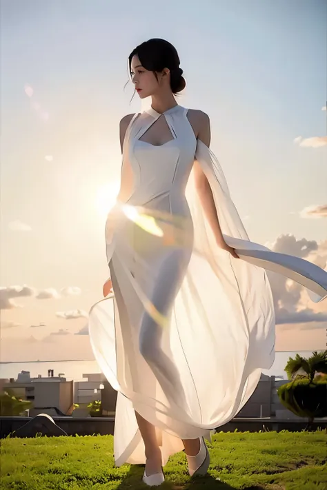 (masterpiece, best quality:1.2), 1girl, solo, delicate face, white-skinned female, see-through silhouette, white dress, full bod...