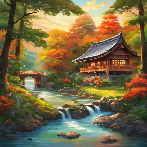 painting of a house with a stream running through it, a digital rendering inspired by mark keathley, cg society contest winner, conceptual art, idyllic cottage, beatiful house, cottagecore, soothing and cozy landscape, cottagecore!!, beautiful house on a f...