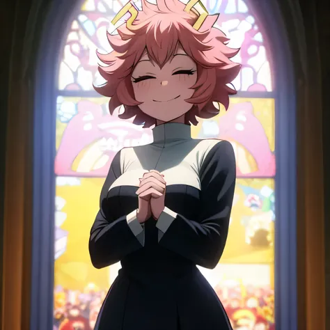 1 girl, Mina Ashido, my hero academia, pink hair, pink skin, shiny skin, short hair, eyes closed, smiling, head down, hands crossed in prayer, black nuns outfit, standing in isle, cathedral, 