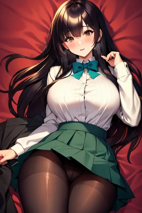 best quality, masterpiece, 1girl, 1boy,bitch_virgin,blush,long black hair, long sleeves, white shirt, pantyhose, pleated skirt, black pantyhose, green skirt, blue cardigan