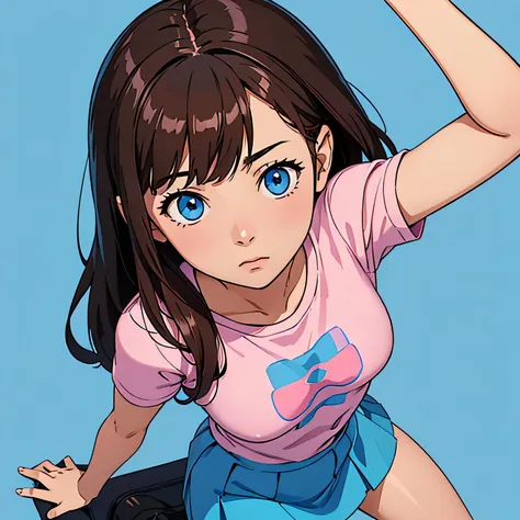 from above ,blue background,brown hair,squint eyes,pixelated,shy,(luca (kuruton486)),highres,1girl,solo,kuruton486,tight pink shirt,,blue skirt, blue eyes,tshirt,side bangs, hair bangs, sharp almond eyes
