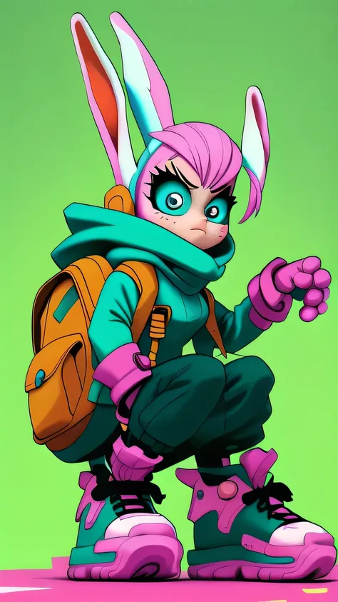 a stylized character with bunny-themed clothing and accessories1.3. This main character is wearing a black hoodie that has bunny ears and pink and black details1.4. O rosto do personagem esta coberto pelo capuz, mostrando olhos grandes e expressivos. He is...