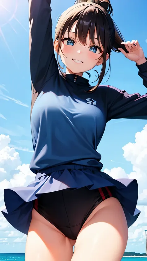 diet,cute,girl,ponytail,fun,Guts pose,smile,blue sky,Sporty