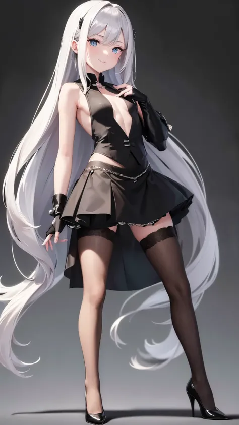 (highres,4k,8k,masterpiece:1.2), 1 girl, ((long flowing silver hair)), ((she is wearing a black unbuttoned sleeveless vest, with no under shirt, a vibrant pink skirt, and black thigh highs)), ((full body)). She is wearing elegant high heels, adding a touch...