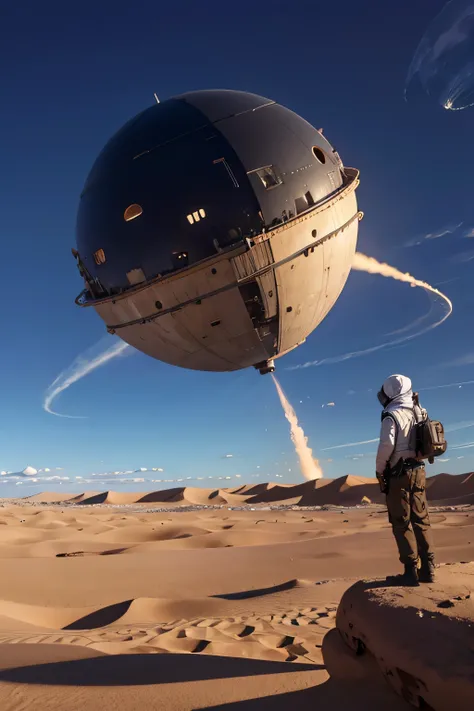 UFO, mirrored sphere crashed on sahara desert, onlookers stand looking on