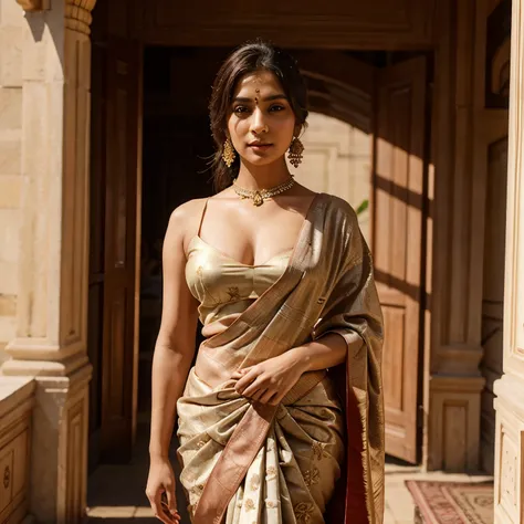 the AI influencer, stunning in a traditional saree, with piercing brown eyes and sharp features, embodying the elegance of English beauty with a touch of cultural fusion."