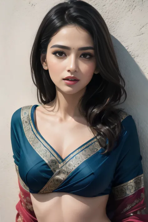 sexy woman, intense gaze, seductive expression, flawless complexion, mesmerizing eyes, luscious lips [sexy, attractive], voluminous hair, neatly styled, flowing locks [60:1.1/40:0.9], sultry attire, blue saree [sexy, eye-catching, vibrant], low-waist saree...