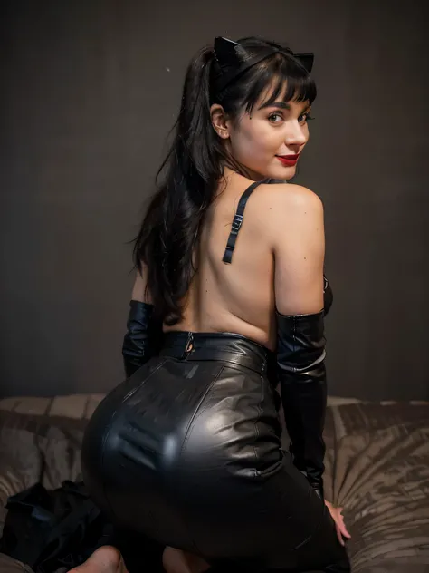 proFessional portrait photograph oF a gorgeous smiling catwoman,Bettie page girl in winter clothing ,ponytail Black hair, red lipstick,black long maxi-skirt(black long maxi-skirt:1.2),sultry Flirty look, gorgeous symmetrical Face, joli maquillage naturel, ...