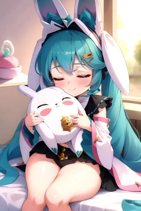 Masterpiece presentation: A beautiful Miku dressed in a bunny costume, showcasing the best quality and highly detailed design. Her ears are tall and fluffy, adorned with intricate pink bows. Her eyes are closed in delight, with a cute pink blush spreading ...